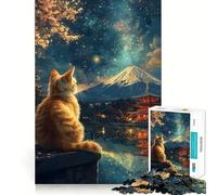 Puzzle da 1000 pezzi con gatto che osserva il Monte Fuji e una pagoda in Giappone,opera di Van Gogh,perfetto per stimolare la mente,ideale per il relax e come decorazione natalizia da parete (38x52cm)