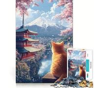 Puzzle da 1000 pezzi con gatto che osserva il Monte Fuji,Giappone Gioco di abilità artistica e stimolante per la mente,ideale per il tempo libero e come regalo di compleanno (50x75cm)