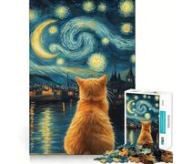Puzzle da 1000 pezzi con gatto che osserva una notte stellata,gioco di concentrazione mentale senza spazi vuoti,design a incastro preciso,sfida interattiva per il cervello per la casa (38x26cm)