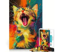 Puzzle da 1000 pezzi con gatto che sbadiglia tra schizzi di colore,ideale per adulti,gioco di memoria,taglio di qualità professionale,attività di gruppo emozionante (38x26cm)