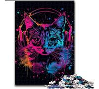 Puzzle da 1000 pezzi con gatto con cuffie e occhiali da sole in legno, ideale per decorare casa e ufficio, regalo perfetto per compleanni, 50x75cm, festa di compleanno per uomini e donne
