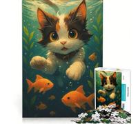 Puzzle da 1000 pezzi con gatto dei cartoni animati che nuota con pesci rossi, gioco rompicapo, rilassante e stimolante per la mente, ideale come regalo per tutta la famiglia 38x52cm
