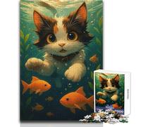 Puzzle da 1000 pezzi con gatto dei cartoni animati che nuota con pesci rossi per adulti, gioco educativo per allenare la mente, regalo a sorpresa ideale per i propri cari, dimensioni 50x75cm