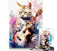 Puzzle da 1000 pezzi con gatto della savana che suona la chitarra, ideale per adolescenti Gioco stimolante per la mente, hobby tranquillo, taglio preciso, regalo stagionale (38x26cm)