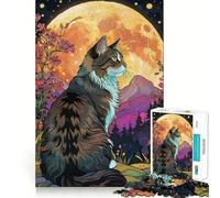 Puzzle da 1000 pezzi con gatto delle foreste norvegesi e luna piena per ragazzi, ideale per stimolare la memoria, ridurre lo stress, tagliare con precisione e creare un'immagine artistica (38x26cm)