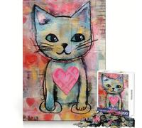 Puzzle da 1000 pezzi con gatto di San Valentino e cuore d'amore tecnica mista ideale per adolescenti stimolante per la memoria cognitiva per il relax e il tempo libero con tagli netti Regalo perfetto