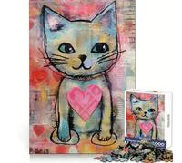 Puzzle da 1000 pezzi con gatto di San Valentino e cuore d'amore, tecnica mista, ideale per adolescenti, stimola la memoria, è un regalo perfetto per il tempo libero e ha un incastro perfetto (38x52cm)