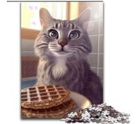 Puzzle da 1000 pezzi con gatto divertente che mangia waffle, gioco interattivo per famiglie, sfida per la mente fai da te, decorazione per la casa, regalo, dimensioni 38x26cm