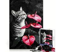 Puzzle da 1000 pezzi con gatto e fiori di anthurium per ragazzi Pensare in modo strategico, stimolare la creatività, favorire un apprendimento graduale e preciso (50x75cm)