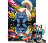 Puzzle da 1000 pezzi con gatto e koi riflessi in uno stagno,bordi fini,gioco creativo per lo sviluppo delle capacità cognitive,rilassante,regalo di Natale (38x52cm)