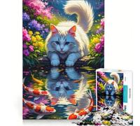 Puzzle da 1000 pezzi con gatto e koi riflessi in uno stagno, gioco rompicapo, rilassante e stimolante per la mente, ideale come regalo per tutta la famiglia 38x52cm
