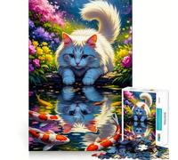 Puzzle da 1000 pezzi con gatto e koi riflessi in uno stagno,incastro perfetto,gioco stimolante per la mente,ideale per il relax,decorazione natalizia da parete (50x75cm)