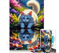 Puzzle da 1000 pezzi con gatto e koi riflessi in uno stagno,taglio perfetto,gioco di logica divertente,gioco gratuito,attività per compleanno (38x26cm)
