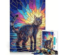 Puzzle da 1000 pezzi con gatto in acqua e vetrata artistica per adulti, gioco di logica stimolante, gioco di gruppo, bordi trasparenti, regalo perfetto 38x26cm