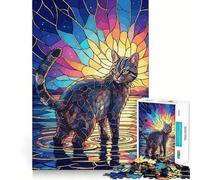 Puzzle da 1000 pezzi con gatto in acqua e vetrata artistica per adulti, ideale per migliorare la memoria, il tempo libero e ottenere bordi precisi, perfetto come regalo per le festività 38x52cm