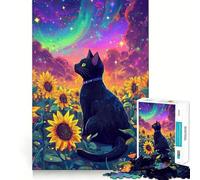 Puzzle da 1000 pezzi con gatto in un girasole e galassia,taglio netto,arte,logica,gioco di pensiero,relax,divertimento,regalo di compleanno (38x52cm)