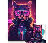 Puzzle da 1000 pezzi con gatto neon in stile cyberpunk, ideale per adolescenti, per migliorare la memoria, rilassante e divertente, con design elegante (50x75cm)