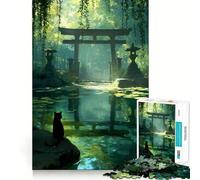 Puzzle da 1000 pezzi con gatto nero al tempio nella foresta e stagno,gioco di precisione e cognitivo,ideale per il tempo libero e come regalo di Natale (38x52cm)