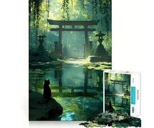 Puzzle da 1000 pezzi con gatto nero al tempio nella foresta e stagno,gioco di precisione e cognitivo,ideale per il tempo libero e come regalo di Natale (38x52cm)