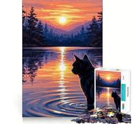 Puzzle da 1000 pezzi con gatto nero al tramonto e lago,incastro perfetto,attività di gioco intelligente,divertimento per il tempo libero,regalo di compleanno 38x26cm