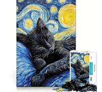 Puzzle da 1000 pezzi con gatto nero che dorme di notte,bordi senza soluzione di continuità,gioco di logica e divertimento,ideale per momenti di svago,regalo artistico di Natale 50x75cm