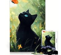 Puzzle da 1000 pezzi con gatto nero che guarda una farfalla, ideale per ragazzi, stimolante per la logica, antistress e divertente, con incastro perfetto, perfetto come regalo di Natale (38x52cm)