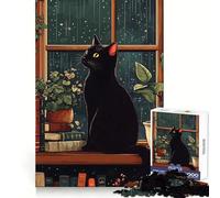 Puzzle da 1000 pezzi con gatto nero che guarda una finestra sotto la pioggia, ideale per adolescenti Migliora la memoria, regala momenti di relax e divertimento Taglio laser, regalo speciale (38x52cm)