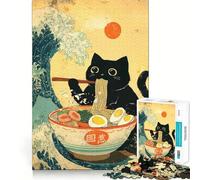Puzzle da 1000 pezzi con gatto nero che mangia ramen e grande onda,decorazione di facile installazione,attività stimolante per la mente,momento di relax,regalo di Natale divertente (38x26cm)