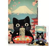 Puzzle da 1000 pezzi con gatto nero che mangia ramen e il Monte Fuji sullo sfondo,ideale per adulti Stimola la memoria,è un passatempo rilassante e di alta qualità,perfetto per un compleanno