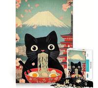 Puzzle da 1000 pezzi con gatto nero che mangia ramen e Monte Fuji Giunzioni lisce,divertente,logico,stimolante,per un gioco casual,ideale come regalo di Natale (50x75cm)
