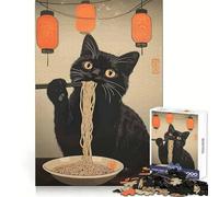 Puzzle da 1000 pezzi con gatto nero che mangia spaghetti ramen, ideale per ragazzi, per allenare la memoria, per una fuga rilassante, con taglio perfetto e perfetto come regalo invernale (38x26cm)