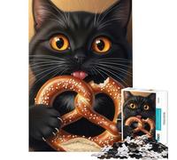 Puzzle da 1000 pezzi con gatto nero che mangia un pretzel Giocattolo avvincente per coltivare la pazienza Gioco divertente Perfetto come regalo di compleanno (dimensioni 38x26cm)