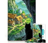 Puzzle da 1000 pezzi con gatto nero che osserva un villaggio fantastico,pezzi a incastro preciso,giocattolo creativo e divertente,momento di relax,regalo di compleanno 50x75cm