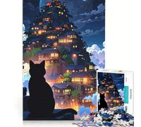 Puzzle da 1000 pezzi con gatto nero che osserva un villaggio giapponese, decorazione da parete, divertente antistress, ideale come regalo 38x26cm