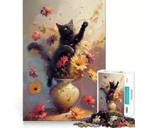 Puzzle da 1000 pezzi con gatto nero che salta tra i fiori,gioco di precisione,divertente e creativo,gioco rilassante,regalo di Natale per la tranquillità 38x26cm