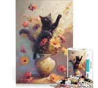 Puzzle da 1000 pezzi con gatto nero che salta tra i fiori, gioco educativo, rilassante e stimolante per la mente, ideale come decorazione da scrivania 50x75cm
