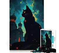 Puzzle da 1000 pezzi con gatto nero e chiesa dell'Europa orientale,bordo perfetto,gioco intelligente,sfida,divertimento,gioco lento,regalo di compleanno (38x26cm)