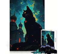 Puzzle da 1000 pezzi con gatto nero e chiesa dell'Europa orientale per adulti, esercizio mentale, svago rilassante, dimensioni perfette, (50x75cm)