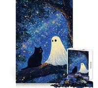 Puzzle da 1000 pezzi con gatto nero e fantasma sotto un cielo stellato,ideale per ragazzi,per allenare la memoria,per una fuga rilassante,con taglio perfetto e perfetto come regalo invernale (38x52cm)