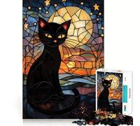 Puzzle da 1000 pezzi con gatto nero e luna in vetro colorato per adolescenti ideale per rafforzare la memoria per un'esperienza rilassante e di qualità perfetto come regalo di Babbo Natale 38x26cm