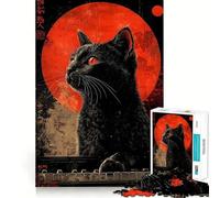 Puzzle da 1000 pezzi con gatto nero e luna rossa,opera d'arte giapponese asiatica,incastro perfetto,decorazione,rompicapo,regalo,gioco di pace,opera d'arte natalizia 38x52cm