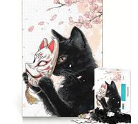 Puzzle da 1000 pezzi con gatto nero e maschera Kitsune,gioco a incastro preciso,giocattolo creativo e divertente,gioco rilassante,regalo di Natale per la tranquillità 38x26cm