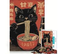Puzzle da 1000 pezzi con gatto nero e ramen,Giappone,taglio preciso,gioco di logica,regalo facile,regalo divertente per compleanno 38x52cm
