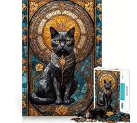 Puzzle da 1000 pezzi con gatto nero e vetrata artistica,bordo senza giunture Gioco di logica e divertimento,ideale per momenti di svago e svago Regalo artistico di Natale 38x52cm