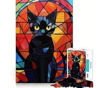 Puzzle da 1000 pezzi con gatto nero e vetrata artistica,taglio preciso,sfida intelligente e divertente,gioco per il tempo libero,regalo di Natale 38x52cm