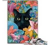 Puzzle da 1000 pezzi con gatto nero floreale per adulti e adolescenti, giocattoli educativi per l'apprendimento, giochi per famiglie con poster abbinato e foglio di quiz (26x38cm)