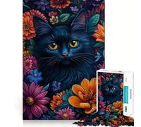 Puzzle da 1000 pezzi con gatto nero in un giardino fiorito,bordi lisci,gioco divertente e stimolante,ideale per momenti di relax e come regalo di compleanno (38x26cm)