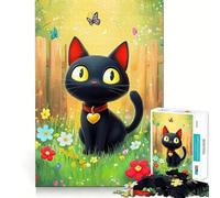 Puzzle da 1000 pezzi con gatto nero in un giardino fiorito,incastro perfetto,gioco artistico,sfida mentale,divertimento per il tempo libero,regalo di compleanno (50x75cm)