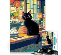 Puzzle da 1000 pezzi con gatto nero in un ristorante giapponese,incastro perfetto,attività di gioco intelligente,divertimento per il tempo libero,regalo di compleanno 38x26cm