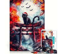 Puzzle da 1000 pezzi con gatto nero nel cancello Torii,taglio perfetto,divertente rompicapo cognitivo,gioco per il tempo libero,regalo artistico di Natale 38x26cm